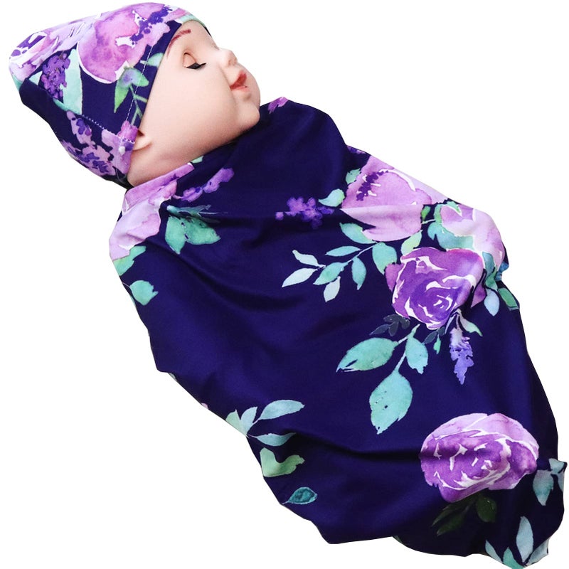 TANOFAR Newborn Swaddle Blanket with Beanie Set,Soft Stretchy Blanket for 0-3 Months Baby Boys and Girls(Purple Flower) - Image 1